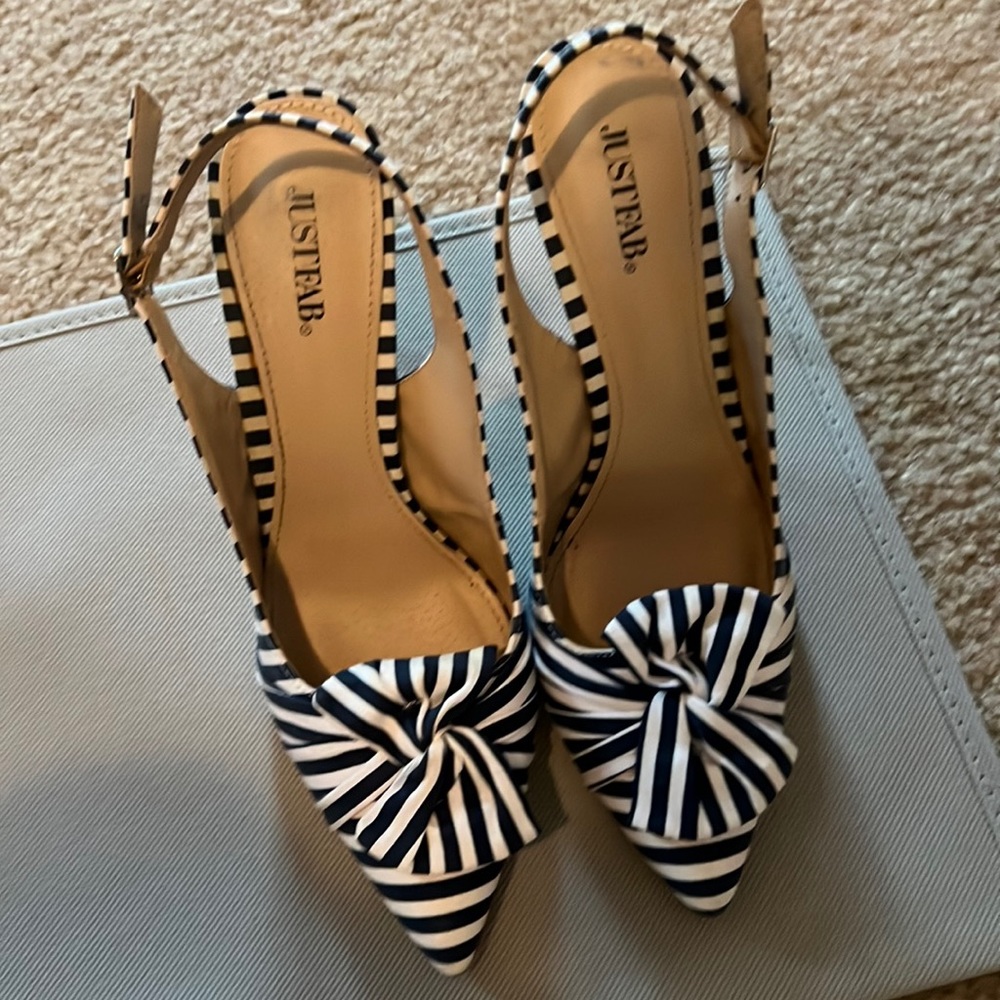 Just fab blue and white striped 3-4” heels.